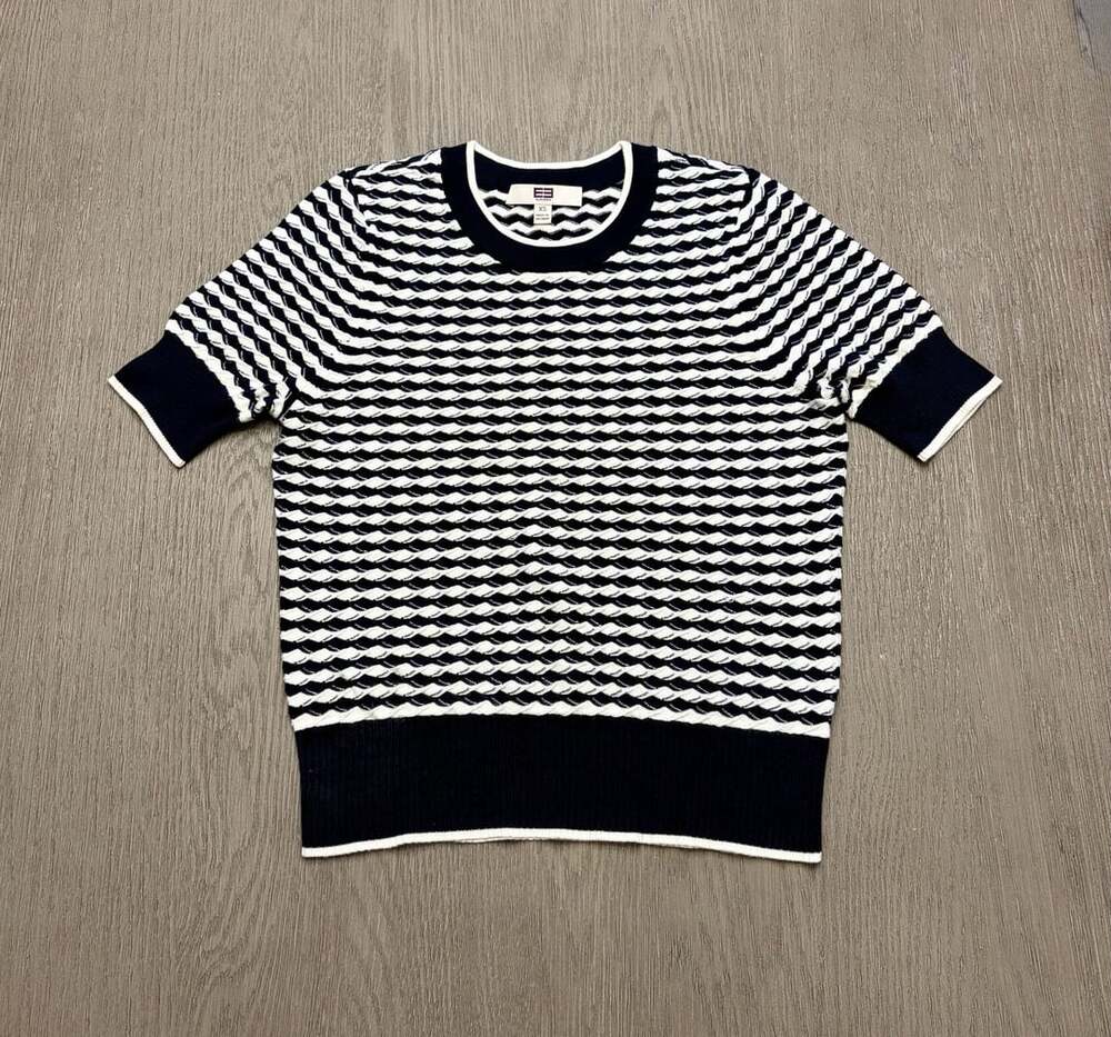 Etcetera Textured Knit Short Sleeve Sweater Black Ivory XS Preppy Nautical